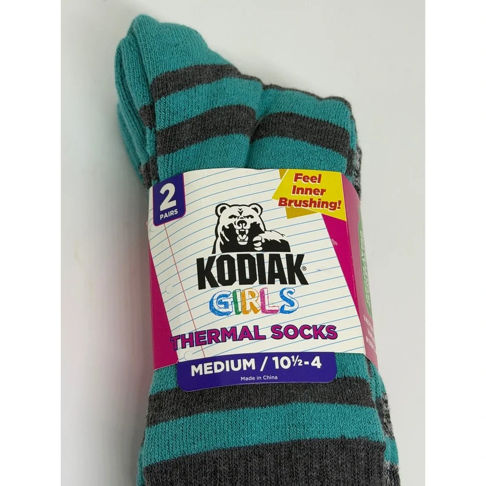 Kodiak Thermal Socks Aqua Grey Striped 2-Pack Girls Medium Brushed NWT Cozy Soft